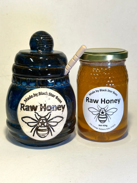 Honey pot (Dark Blue) & Raw Honey 454g 🍯